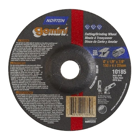 Norton Co Grinding Wheel, Depressed Center, Type 27 - Metal - Gemini Alu Oxide, 6 x 1/8 x 7/8, Max RPM: 10185 662528-01864